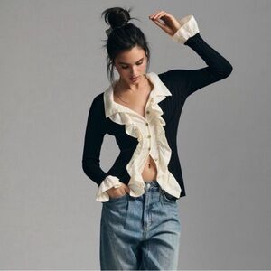 Anthropologie Black and Cream Ruffle Cardigan